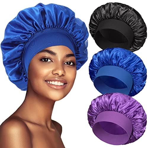 3 Pack Satin Bonnet Silk Hair Bonnet for Sleeping, Sleep Bonnets for Women Large Wide Soft Band Sleep Cap for Curly Hair Braids - Image 1