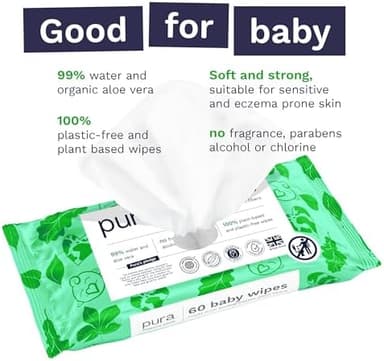 Pura Natural Sensitive Baby Wipes, 99% Water, Unscented & Hypoallergenic, Suitable for Sensitive & Eczema-prone Skin, Hypoallergenic, EWG Verified, 10 Pack of 60 Wet Wipes (600 Diaper Wipes) Bulk Buy - Image 6