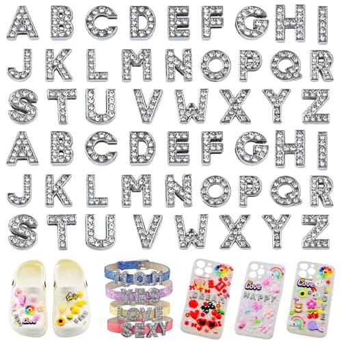 KJML DIY Junk Phone Case Charms 52pcs Rhinestone Letter Charms for Jewelry Making Bracelet Necklace Alphabet Junk Charm for Phone Case Sneaker Shoe Lace (Silver) - Image 1
