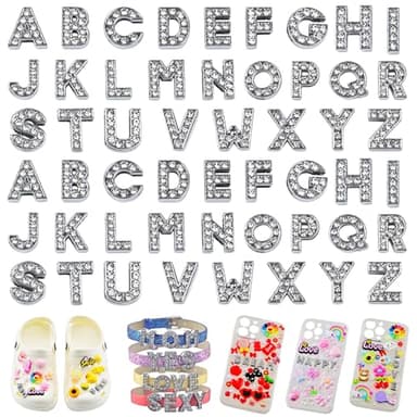 KJML DIY Junk Phone Case Charms 52pcs Rhinestone Letter Charms for Jewelry Making Bracelet Necklace Alphabet Junk Charm for Phone Case Sneaker Shoe Lace (Silver) - Image 1