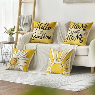 AVOIN colorlife Home Sweet Home Daisy Throw Pillow Covers, 18 x 18 Inch Spring Summer Flowers Hello Sunshine Cushion Case for Home Sofa Couch Set of 4 - Image 3
