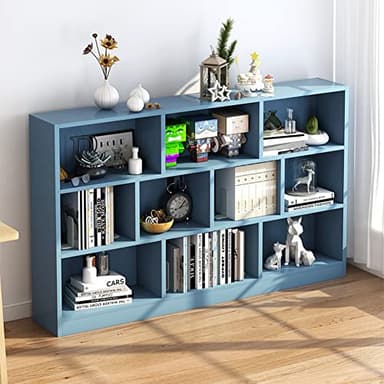 IOTXY Open Shelf Low Bookcase - Wooden 3-Tier Floor Standing Display Cabinet Organizer with Base, 10 Cubes Short Horizontal Bookshelf in Bright Blue - Image 8
