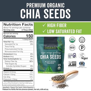 Viva Naturals Organic Chia Seeds 1 LBs - Plant-Based Omega-3 and Vegan Protein, Non-GMO Chia Seeds Organic Perfect for Smoothies, Salads and Chia Seed Pudding, Black Chia Seeds Bulk - Image 2