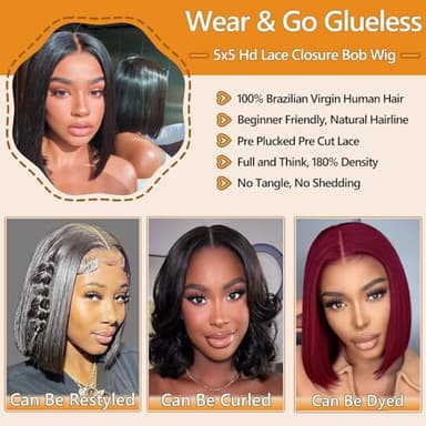 Wear and Go Glueless Bob Wigs Human Hair 5x5 Hd Lace Closure Wig Pre Plucked Pre Cut with Baby Hair 10 Inch Short Straight Bob Wig for Black Women 180% Density Brazilian Virgin Hair Natural Hairline - Image 3