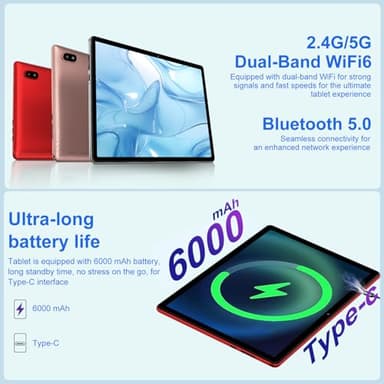 UJJ Android 14 Tablet 10 Inch Tablets, 20GB+128GB/1TB Expandable, Tablets with Octa-Core, WiFi 6, Dual Camera, BT 5.0, 6000mAh Battery, HD IPS Display, Widevine L1, Tablet with Keyboard Mouse - Red - Image 4