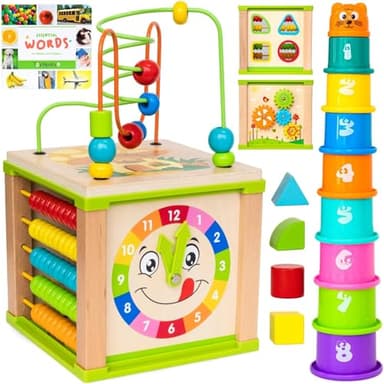 Wooden Kids Baby Activity Cube - Boys Gift Set | One 1, 2 Year Old Boy Gifts Toys | Developmental Toddler Educational Learning Boy Toys 12-18 Months | Bead Maze, First Birthday Gift - Image 1