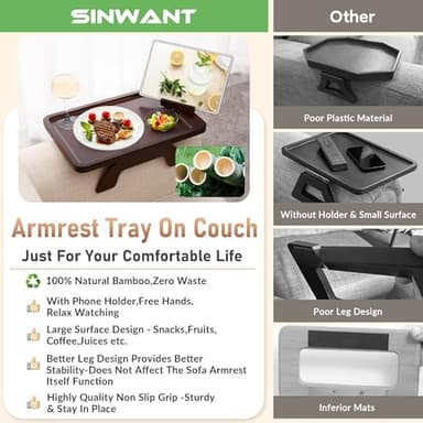SINWANT Couch Armrest Table, Large Bamboo Couch Arm Table 360° Phone Holder,Foldable Sofa Arm Tray for Eating Drinking Snacks Remote on Chair Armrest - Image 4