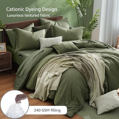 Monbix King Size Comforter Set, Olive Green King Bed Set Reversible, King Size Comforter Set 7 Pieces, Cationic Dyeing Bed in a Bag with Comforter, Sheets, Pillowcases & Shams - Image 3
