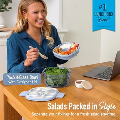 Bentgo Glass Prints All-in-One Salad Container - 61oz Tinted Glass Salad Bowl with Lid, Bento-Style Tray, Sauce Container, & Reusable Fork - Dishwasher & Microwave Safe (Wildly Chic - Soft Blue) - Image 3