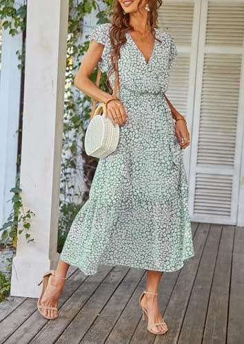 PRETTYGARDEN Women's Summer Floral Boho Dress Wrap V Neck Short Sleeve Ruffle A-Line Flowy Maxi Wedding Guest Dresses (Green_01,Large) - Image 3