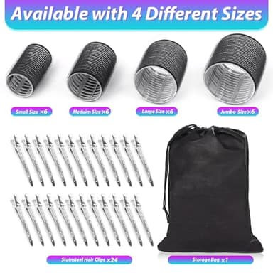 Hair Curlers Set with 24 Rollers (6 Jumbo, 6 Large, 6 Medium, 6 Small) and 24 Clips for All Hair Lengths (Black) - Image 2