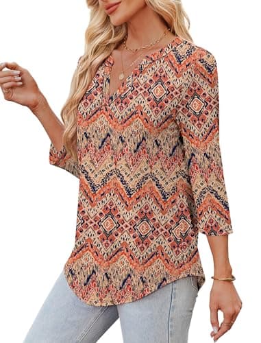 OFEEFAN Summer Tops for Women 2025 Loose Fit Dressy V Neck 3/4 Sleeve Shirts Spring Blouse Printed C XL - Image 4