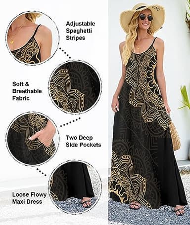Wolddress Womens 2025 Casual Sleeveless Sundress Plus Size Loose Plain Long Summer Beach Maxi Dress with Pockets Mandala Black M - Image 3