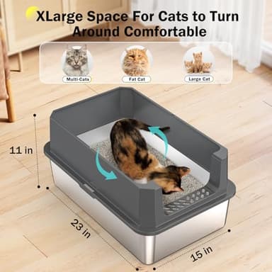 Stainless Steel Litter Box, Extra Large Litter Boxes for Big Cats, XLarge Metal Cat Litter Box with Lid, Anti-Urine Leakage XL Box with High Sides, Easy Clean, Non-Sticky, Scoop Included - Image 3