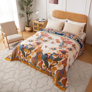 Boho Throw Blanket 100% Cotton Ultra Soft Bed Throw Large Fall Blanket Floral Bird and Butterfly Farmhouse Decor Bed Blankets,60"×80" All Season Blankets for Sofa Couch Chair - Image 8