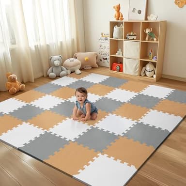 36Pcs Baby Play Mat for Floor, Foam Floor Tiles for Kids with Interlocking, Squares Foam Puzzle Carpet for Playroom,Crawling Rug for Babies 6-12 Months,Toddlers,11.8*11.8*0.6In Each,Grey White Brown - Image 1