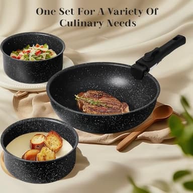 Sweetcrispy 12 pcs Pots and Pans Set, Nonstick Kitchen Induction Cookware Suit with Detachable Handle, Dishwasher Oven Safe, Black - Image 2