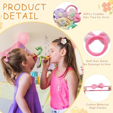 30Pcs Toddler Hair Ties, Baby Hair Ties for Girls, Cute Bow Flower Ponytail Holders, Colorful Seamless Cotton Bands for Litter Girls Kids, Toddler Hair Accessories for Thick Thin Hair - Image 2