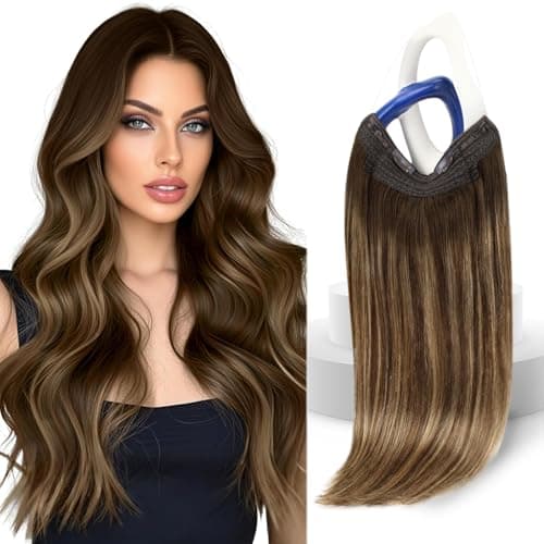 Sunny Wire Hair Extensions Real Human Hair Fish Line Human Hair Extensions Invisible Wire Extensions Dark Brown to Caramel Blonde with Dark Brown Highlights #4/27/4 18 Inch - Image 1
