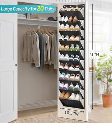 AOODA 10 Tier Clear Over the Door Shoe Organizer Storage, Deep Pockets Large Hanging Shoe Rack for Closet Door, Fit 20 Pairs Shoe Holder Hanger for Sneakers, Boots (Black) - Image 2