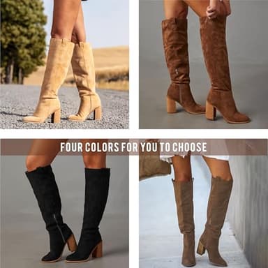 Erocalli Suede Knee-High Boots Fall Boot For Women Chunky Block High Heel Slouch Fashion Boot Round Toe Side Zipper - Image 6