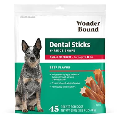 Wonder Bound Beef Flavor Dental Sticks for Small/Medium Dogs (15-40 lbs), 6-Ridge Shape for Plaque & Tartar Control, Freshens Breath, Formulated with Vitamin C, 45 Count - Image 1
