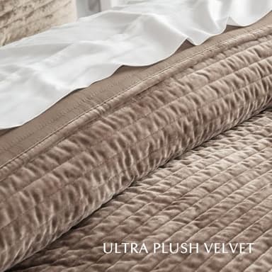 EVERGRACE Velvet Quilt Set King Size, Luxurious Soft Striped Channel Bedding Set, Lightweight Velvet Comforter for All Season, Oversized Bedspread Coverlet with 2 Matching Shams, Mocha Brown - Image 5