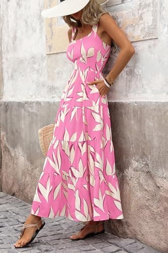 PRETTYGARDEN Women's Summer Floral Maxi Dress Sleeveless Smocked Ruffle Long Flowy Beach Vacation Boho Sundresses (Floral Pink Beige,Large) - Image 6