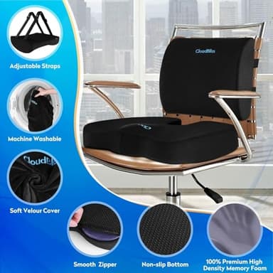 CloudBliss Seat Cushion,Office Chair Cushion,Car Seat Cushions,Lumbar Support Pillow for Office Chair,Back Support Memory Foam Pillow Coccyx Cushions for Tailbone Pain,Sciatica Back Pain Relief Black - Image 3
