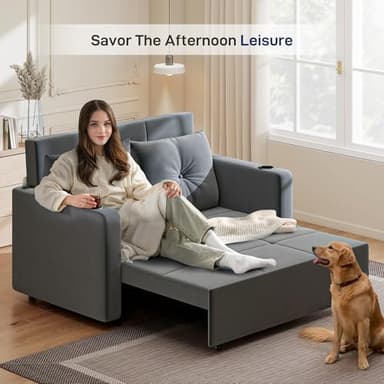 3 in 1 Pull Out Couch, 56 Inch Velvet Sofa Bed, Convertible Loveseat Sleeper Sofa for Living Room, Small Space, Upholstered Couch Bed with USB, Cup Holder(Grey - Image 5