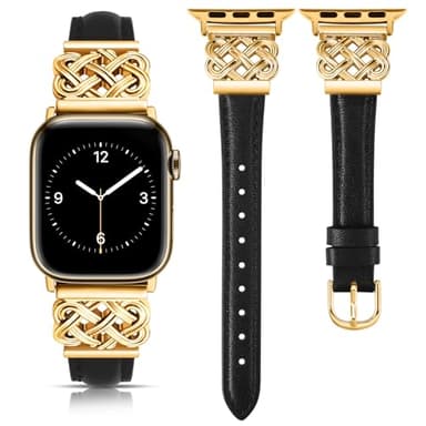 TOYOUTHS Compatible with Apple Watch Bands Women 38/40/41/42mm Dressy Slim Leather Strap with Designer Celtic Knot Interlock Buckle Bracelet for iWatch Series 11 10 9 8 7 6 5 4 SE 3 2 1, Black/Gold - Image 1