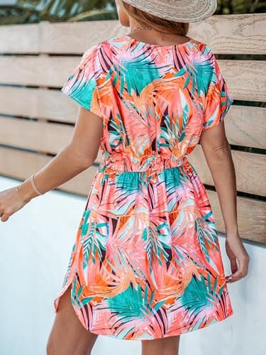 CUPSHE Women's Swimsuit Cover Ups V Neck Bathing Suits Short Sleeve Bikini Coverup Swimwear Flamingos,M - Image 3