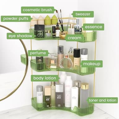 NATURE'S SOURCE Makeup Organizer for Vanity, 3-Tier Corner Bathroom Organizer Countertop with Makeup Brush Holder, Corner Counter Storage for Bathroom Dresser- Green - Image 5