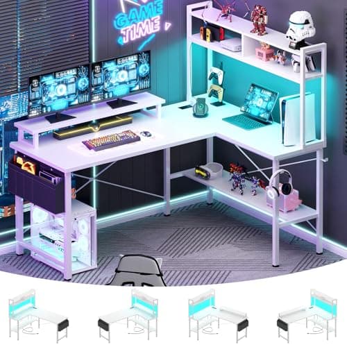 Aheaplus L Shaped Gaming Desk with Power Outlets & LED Lights, Small L- Shaped Desk Computer Corner Desk with Monitor Stand & Storage Shelf, Home Office Desk Writing Desk with Storage Bag, White - Image 1