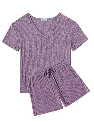 Ekouaer Womens 2 Piece Lounge Sets Summer Two Piece Outfits Ribbed Knit V Neck Short Sleeve Tee and Pockets Shorts Sets - Image 2