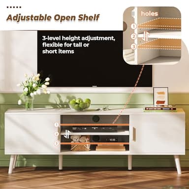 SUPERJARE TV Stand for 55 Inch TV, Entertainment Center with Adjustable Shelf, 2 Cabinets, TV Console Table, Media Console, Solid Wood Feet, Cord Holes, for Living Room, Bedroom, White - Image 3