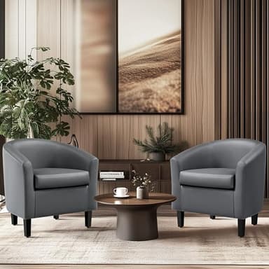 Yaheetech Barrel Chairs, Faux Leather Chairs, Modern Leather Club Chairs Comfy Gray Accent Chairs with Sturdy Wood Legs for Living Room/Bedroom/Reading Room/Waiting Room, Gray, Set of 2 - Image 4