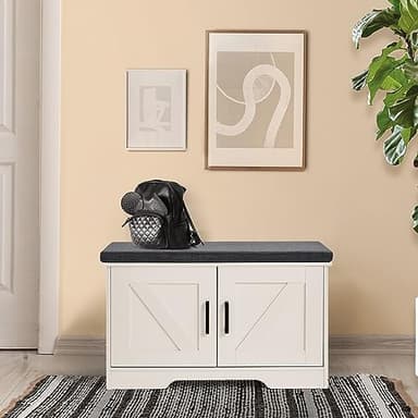HOMSHO 2-Tier Storage Bench, 27.6" Wide Shoe Bench with Padded Seat Cushion, Entryway Bench with 2 Barn Doors and Adjustable Shelf, White - Image 8