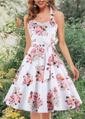 Topdress Women's Vintage Polka Audrey Dress 1950s Halter Retro Cocktail Dress Pink Flower XL - Image 8
