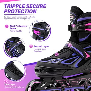 2PM SPORTS Vinal Girls Adjustable Inline Skates with Light up Wheels Beginner Skates Fun Illuminating Roller Skates for Kids Boys and Women Adults - Violet Medium(4-7 US) - Image 4