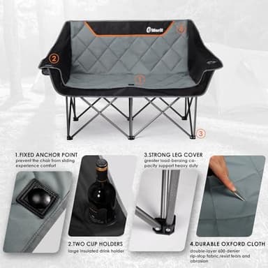EMERIT Oversized Double Duo Camping Chair Folding Camping Loveseat 2 Person Camping Couch Heavy Duty Lawn Chairs for Outside with Padded Seats & Armrests-Support 650LBS - Image 3