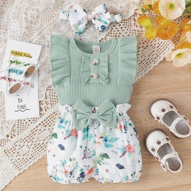 LUNFEGO Newborn Baby Girl Clothes Outfits Ruffle Romper and Short Pants with Headband Infant Bodysuits for Baby Girls 3-6 Months - Green - Image 2