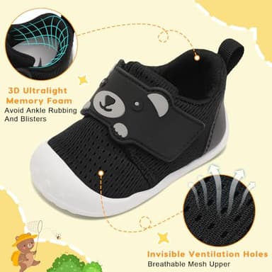 FEETCITY Infant Shoes Boys Girls Wide Baby Walking Shoes Newborn Crib Shoe Baby Slip On Shoe Breathable Toddler Sneakers Bear 6-12 Months Black - Image 4