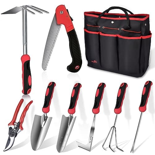 Red Gardening Tools, WisaKey 9 Piece Stainless Steel Heavy Duty Garden Tools with Non-Slip Ergonomic Handle, Garden Tote Bag, Garden kit, Gardening Gifts for Women and Men - Image 1