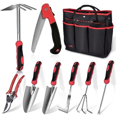 Red Gardening Tools, WisaKey 9 Piece Stainless Steel Heavy Duty Garden Tools with Non-Slip Ergonomic Handle, Garden Tote Bag, Garden kit, Gardening Gifts for Women and Men - Image 1