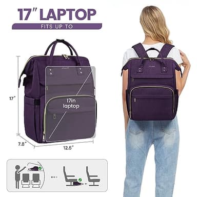 LOVEVOOK Laptop Backpack for Women,17 Inch Professional Womens Travel Backpack Purse Computer Laptop Bag Nurse Teacher Backpack,Waterproof Work Bags Carry on Back Pack with USB Port,Dark Purple - Image 6