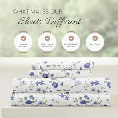 Linen Market 4 Piece Queen Sheet Set - Breathable, Double-Brushed Patterned Cooling Sheets – Oeko-TEX Certified Ultra Soft & Wrinkle-Free 16" Deep-Pocket Queen Sheets - Easy Care Blossoms Light Blue - Image 6