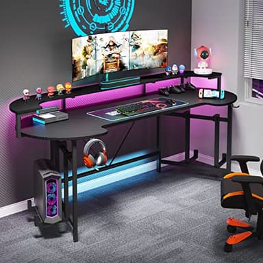 Tribesigns 75 Inch Gaming Desk with Monitor Shelf, Large PC Computer Desk with LED Lights, Gaming Table Gamer Desk for Bedroom, Home Office, Black - Image 1