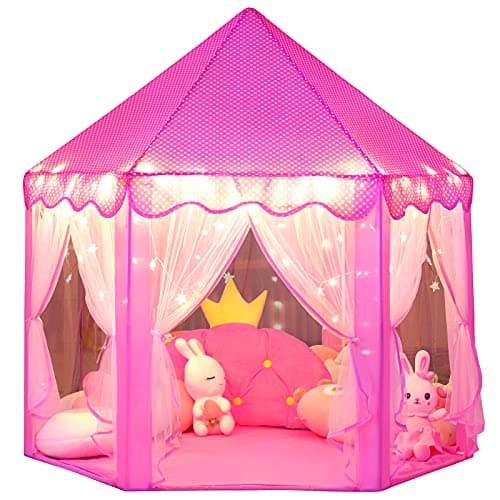 wilwolfer Princess Castle Play Tent for Girls Large Kids Play Tents Hexagon Playhouse with Star Lights Toys for Children Indoor Games (Pink) - Image 1