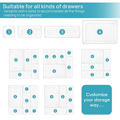 Vtopmart 25 PCS Clear Plastic Drawer Organizers Set, 4-Size Versatile Bathroom and Vanity Drawer Organizer Trays, Storage Bins for Makeup, Bedroom, Kitchen Gadgets Utensils and Office - Image 7